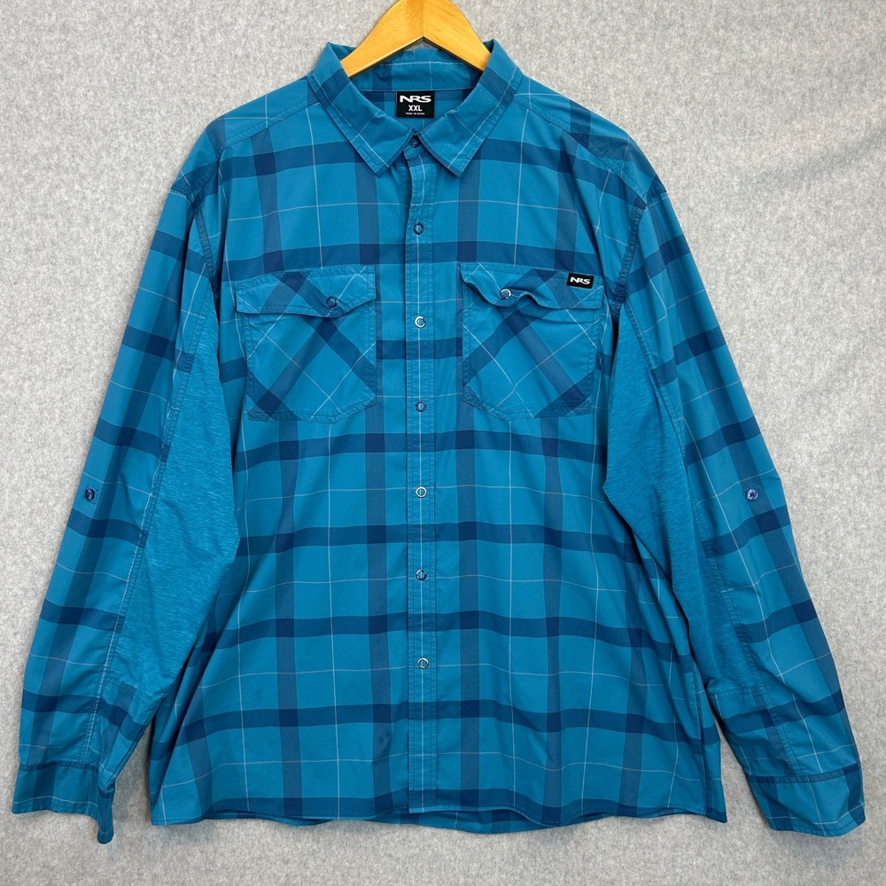 NRS Guide Shirt Blue Plaid Nylon Long Sleeve Fishing Gorp Outdoor Mens XXL READ